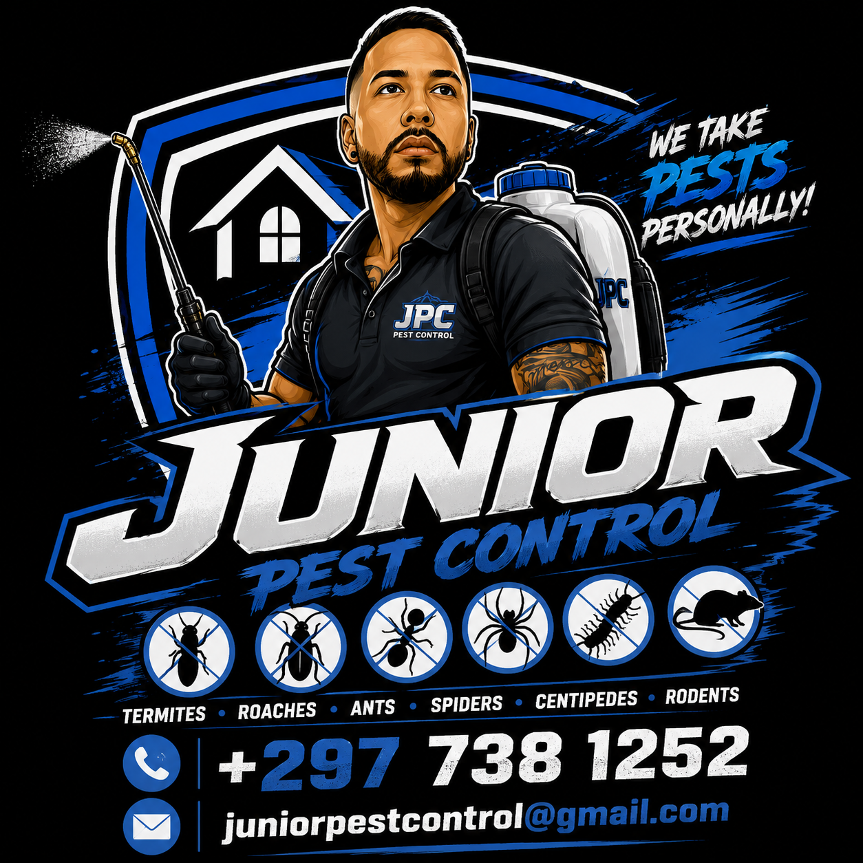 Junior Pest Control logo and contact information